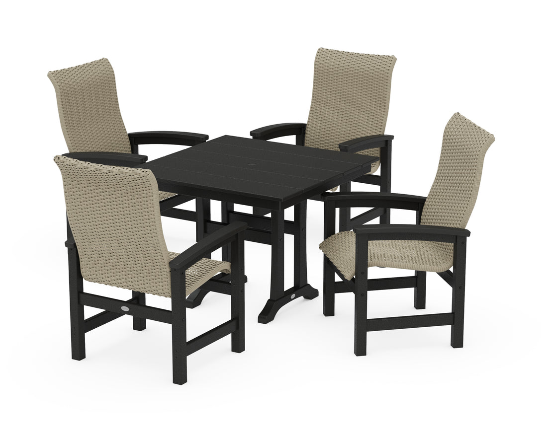POLYWOOD Coastal Woven High-Back 5-Piece Farmhouse Dining Set with Trestle Legs in Black / Dune Grass