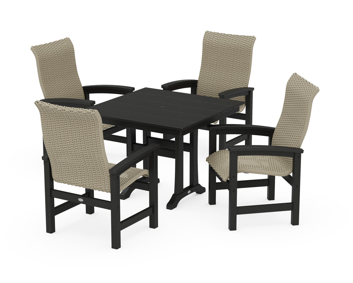 POLYWOOD Coastal Woven High-Back 5-Piece Farmhouse Dining Set with Trestle Legs in Black / Dune Grass