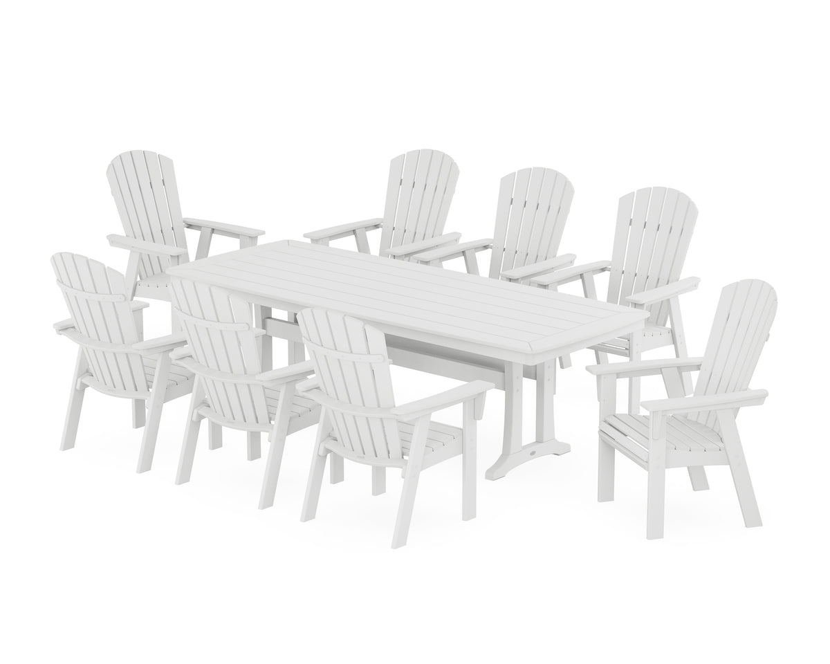 POLYWOOD Nautical Curveback Adirondack 9-Piece Dining Set with Trestle Legs in White