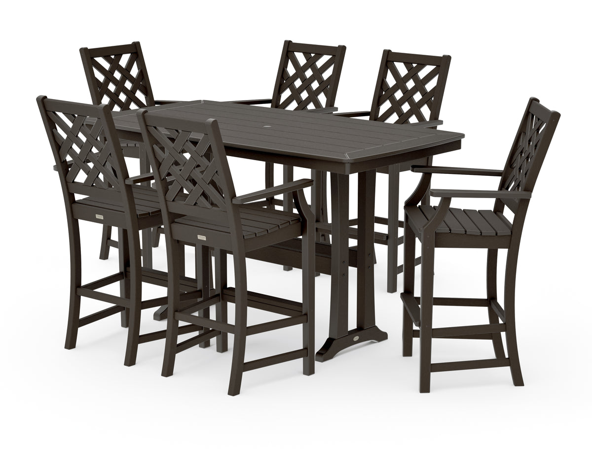 POLYWOOD Country Living Wovendale Arm Chair 7-Piece Bar Set with Trestle Legs in Vintage Coffee