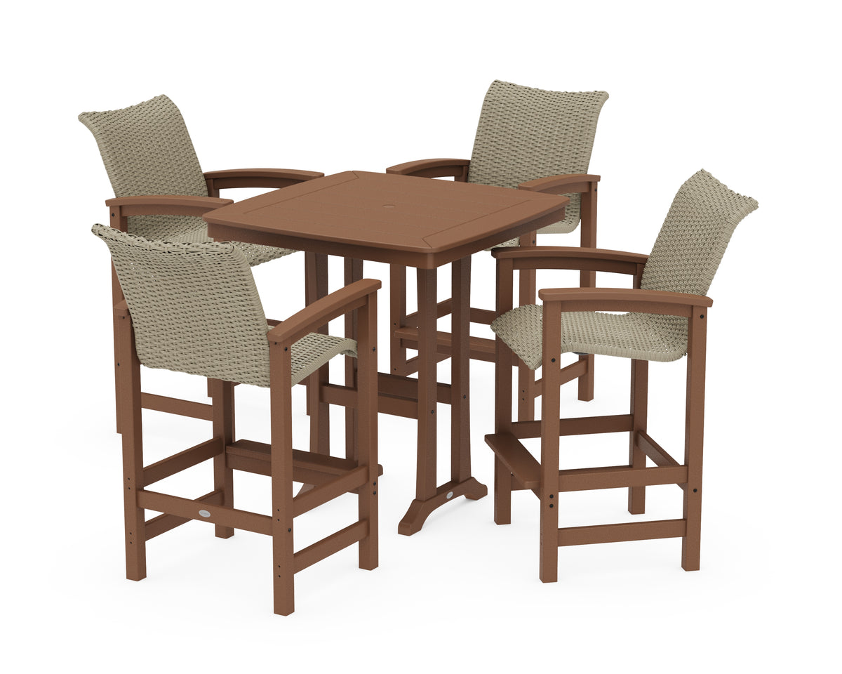 POLYWOOD Coastal Woven 5-Piece Bar Set with Trestle Legs in Teak / Dune Grass