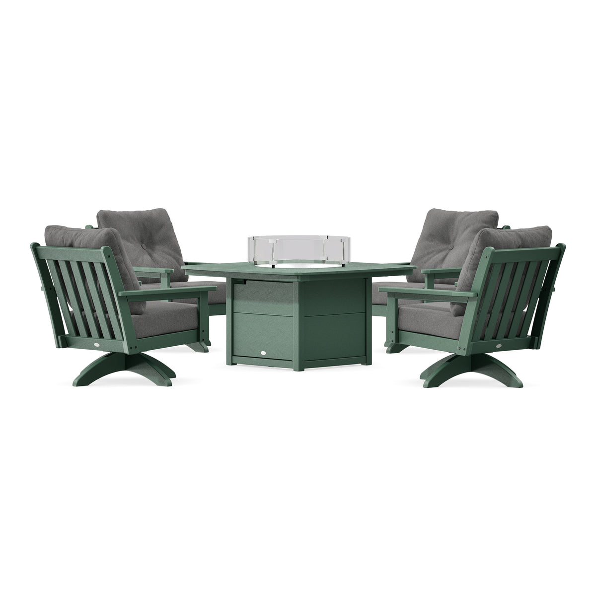 POLYWOOD Vineyard 5-Piece Deep Seating Swivel Conversation Set with Fire Pit Table in Green