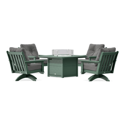 POLYWOOD Vineyard 5-Piece Deep Seating Swivel Conversation Set with Fire Pit Table in Green