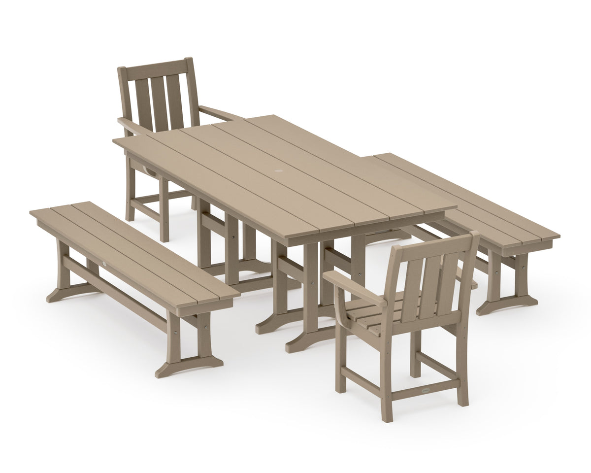 POLYWOOD Oxford 5-Piece Farmhouse Dining Set with Benches in Vintage Sahara