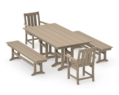 POLYWOOD Oxford 5-Piece Farmhouse Dining Set with Benches in Vintage Sahara