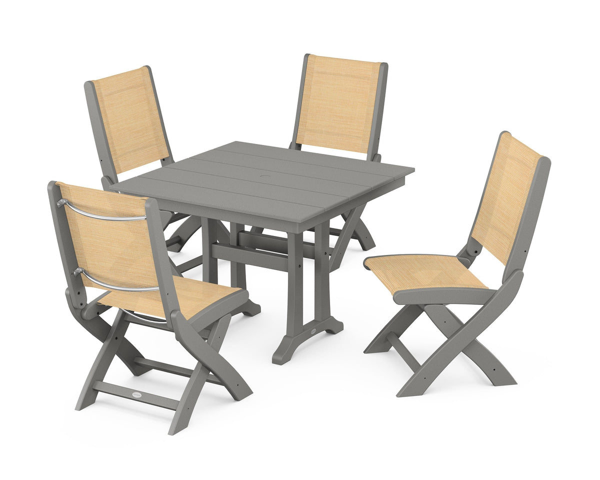 POLYWOOD Coastal Folding Side Chair 5-Piece Farmhouse Dining Set With Trestle Legs in Slate Grey / Dupioni Apricot