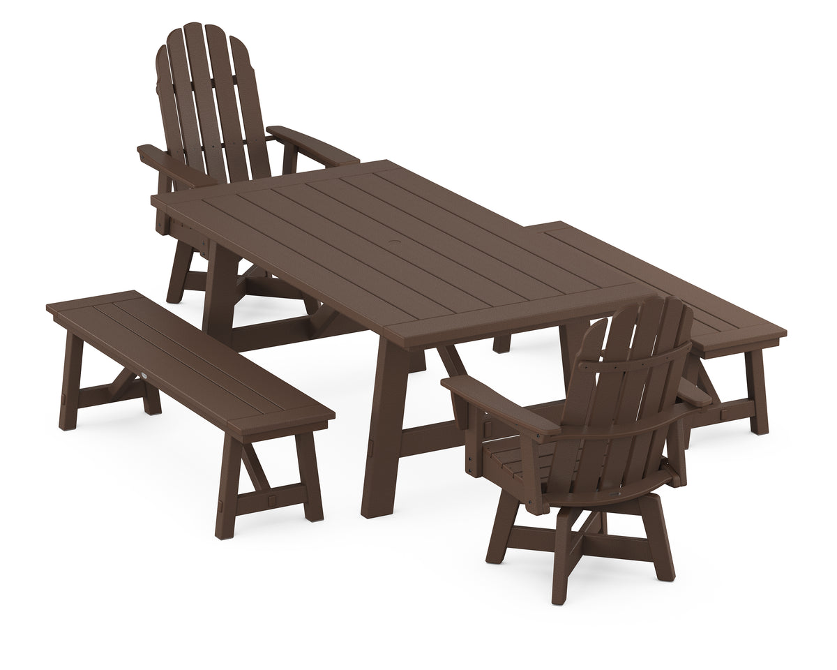 POLYWOOD Vineyard Curveback Adirondack Swivel Chair 5-Piece Rustic Farmhouse Dining Set with Benches in Mahogany