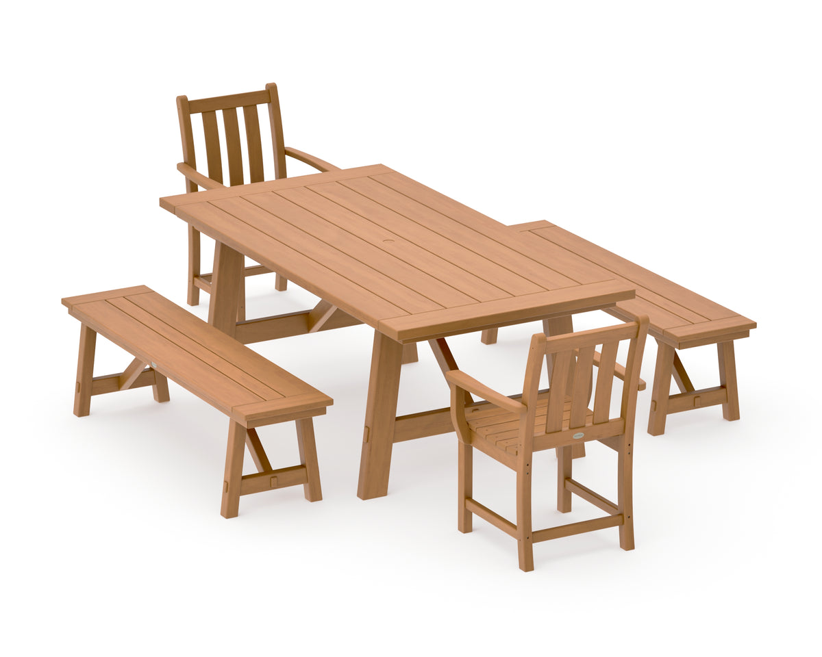 POLYWOOD Traditional Garden 5-Piece Rustic Farmhouse Dining Set with Benches in Natural