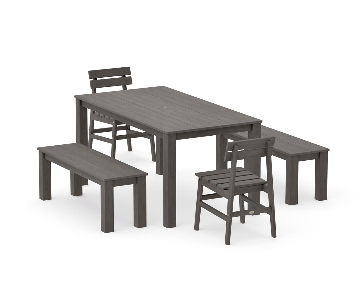 POLYWOOD Modern Studio Plaza Chair 5-Piece Parsons Dining Set with Benches - 34" x 64" Table in Driftwood