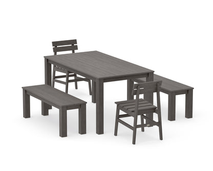 POLYWOOD Modern Studio Plaza Chair 5-Piece Parsons Dining Set with Benches - 34" x 64" Table in Driftwood