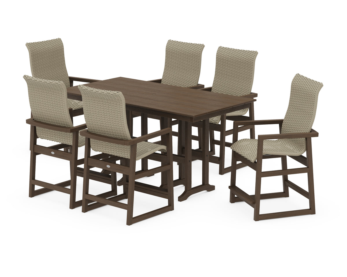 POLYWOOD EDGE Woven Highback Arm Chair 7-Piece Farmhouse Counter Set in Kona / Dune Grass