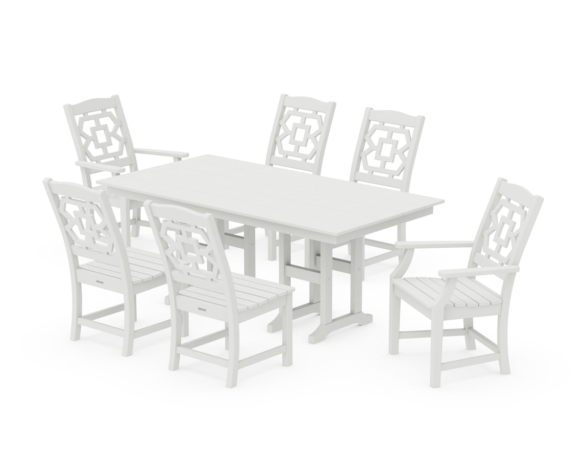 POLYWOOD Chinoiserie 7-Piece Farmhouse Dining Set in Vintage White