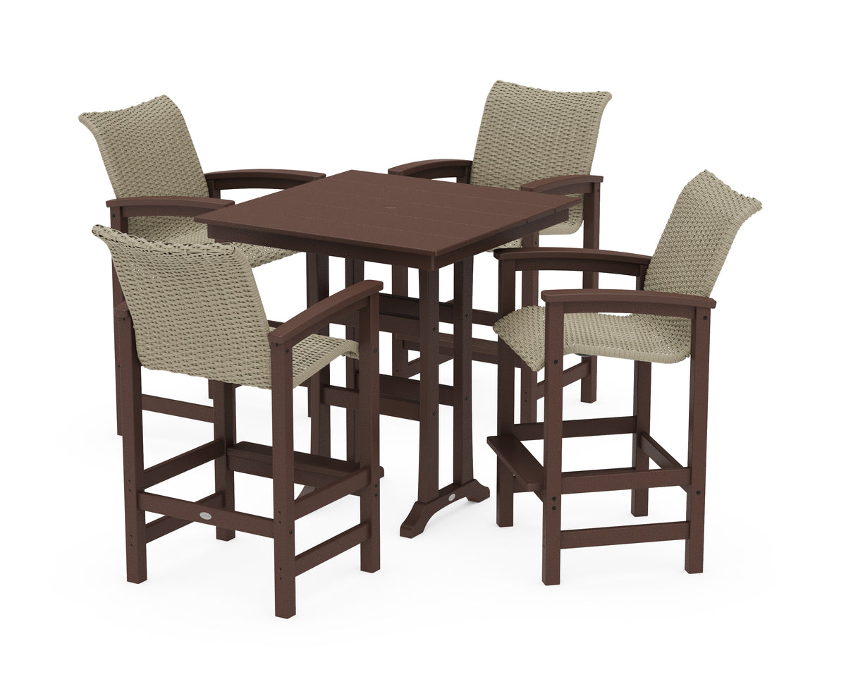 POLYWOOD Coastal Woven 5-Piece Farmhouse Bar Set with Trestle Legs in Mahogany / Dune Grass