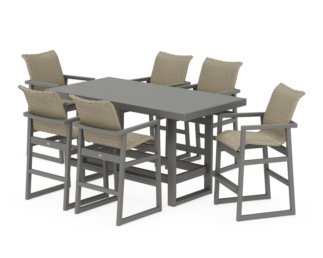 POLYWOOD EDGE Woven Arm Chair 7-Piece Bar Set in Slate Grey / Dune Grass
