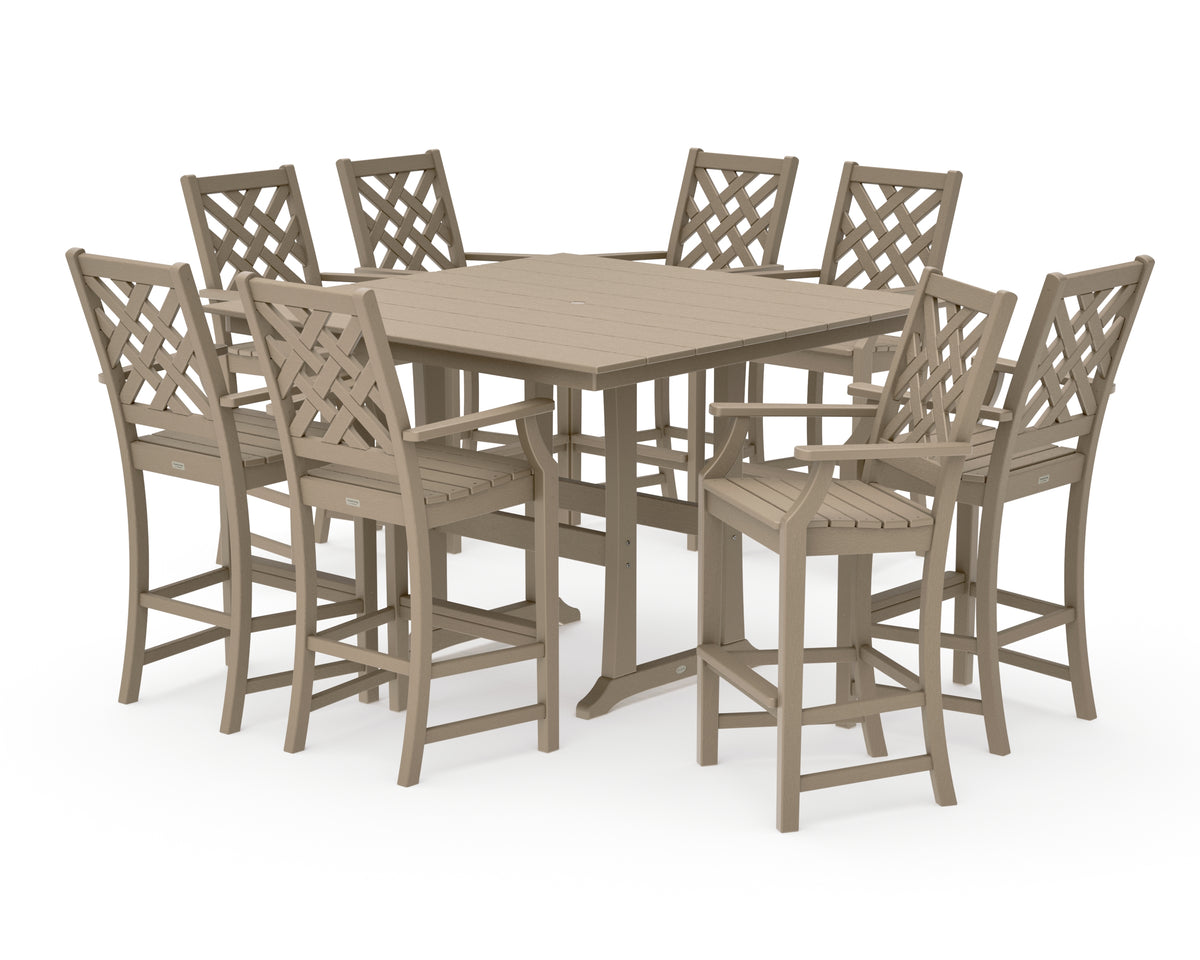 POLYWOOD Country Living Wovendale 9-Piece Square Farmhouse Bar Set with Trestle Legs in Vintage Sahara