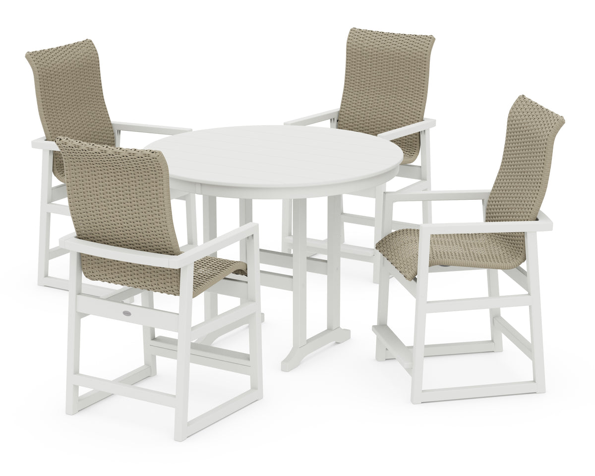 POLYWOOD EDGE Woven Highback 5-Piece Round Farmhouse Counter Set in Vintage White / Dune Grass