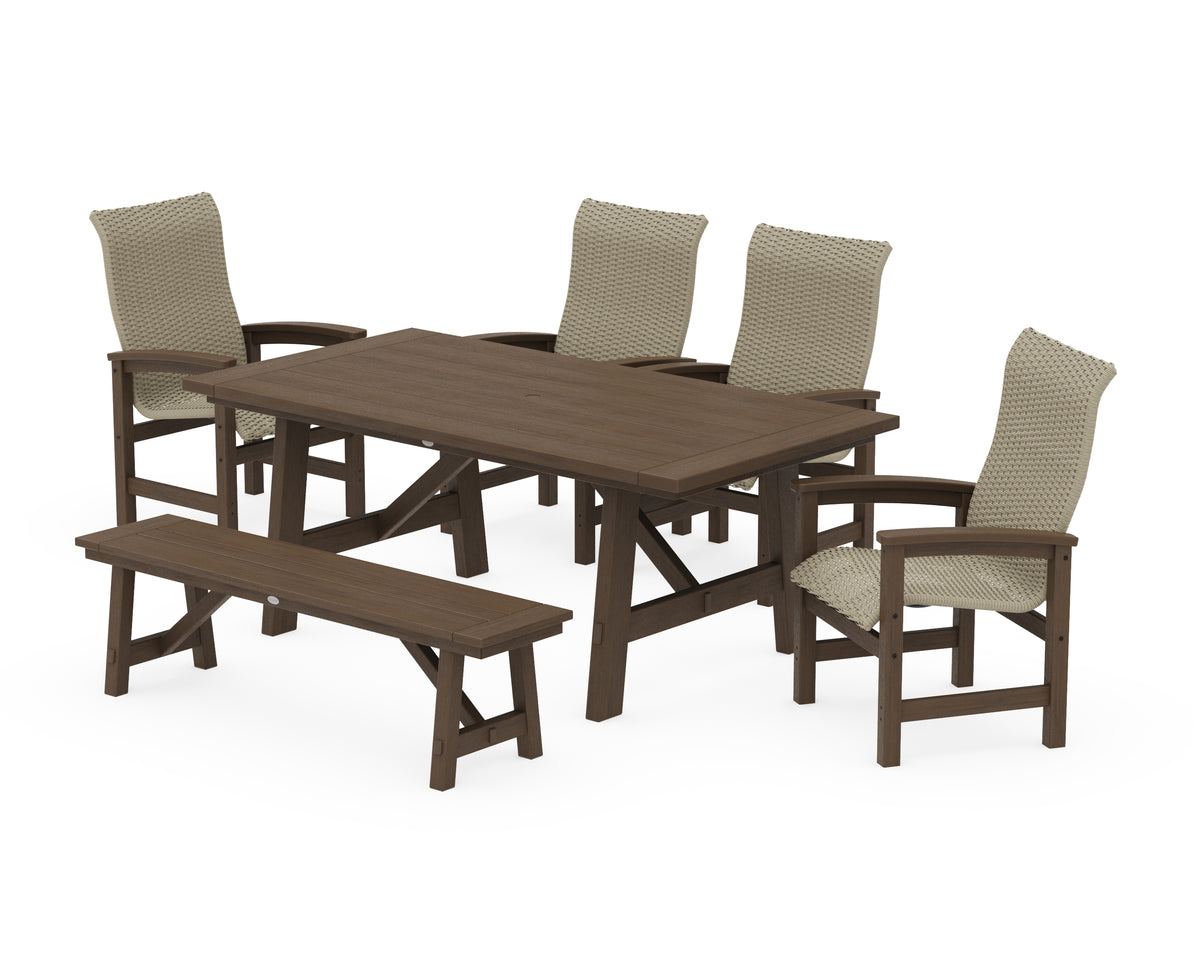 POLYWOOD Coastal Woven High-Back 6-Piece Rustic Farmhouse Dining Set with Bench in Kona / Dune Grass