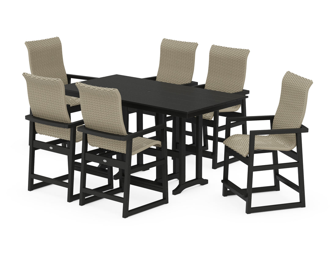 POLYWOOD EDGE Woven Highback Arm Chair 7-Piece Farmhouse Counter Set in Black / Dune Grass