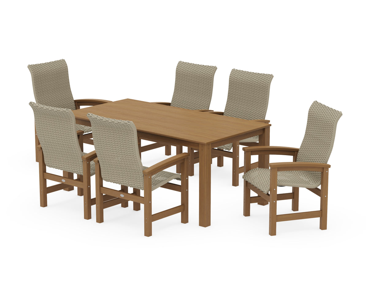 POLYWOOD Coastal Woven High-Back Arm Chair 7-Piece Parsons Dining Set in Natural / Dune Grass