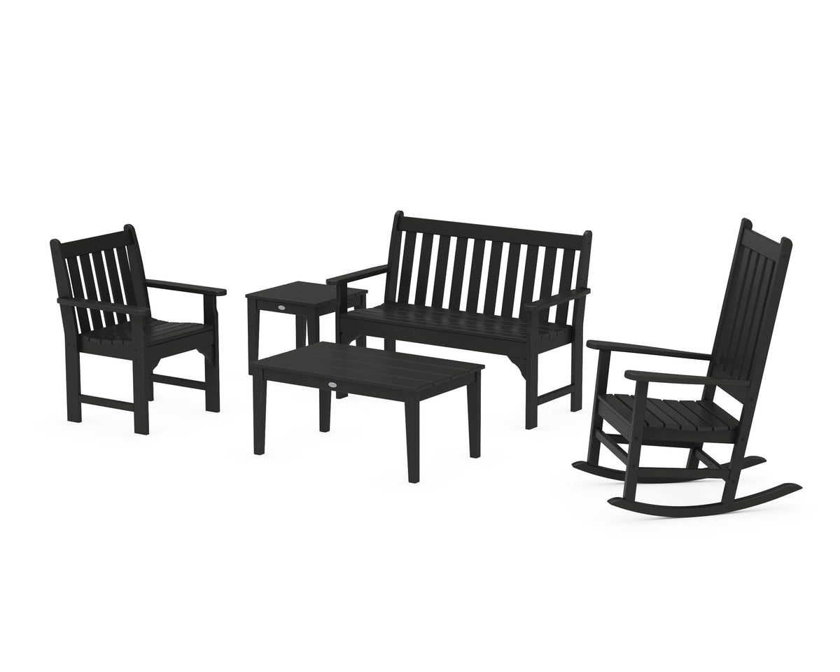 POLYWOOD Vineyard 5-Piece Bench &amp; Rocking Chair Set in Black