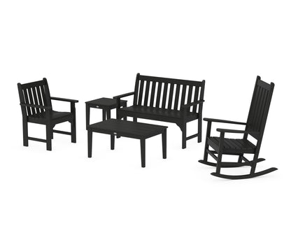 POLYWOOD Vineyard 5-Piece Bench &amp; Rocking Chair Set in Black