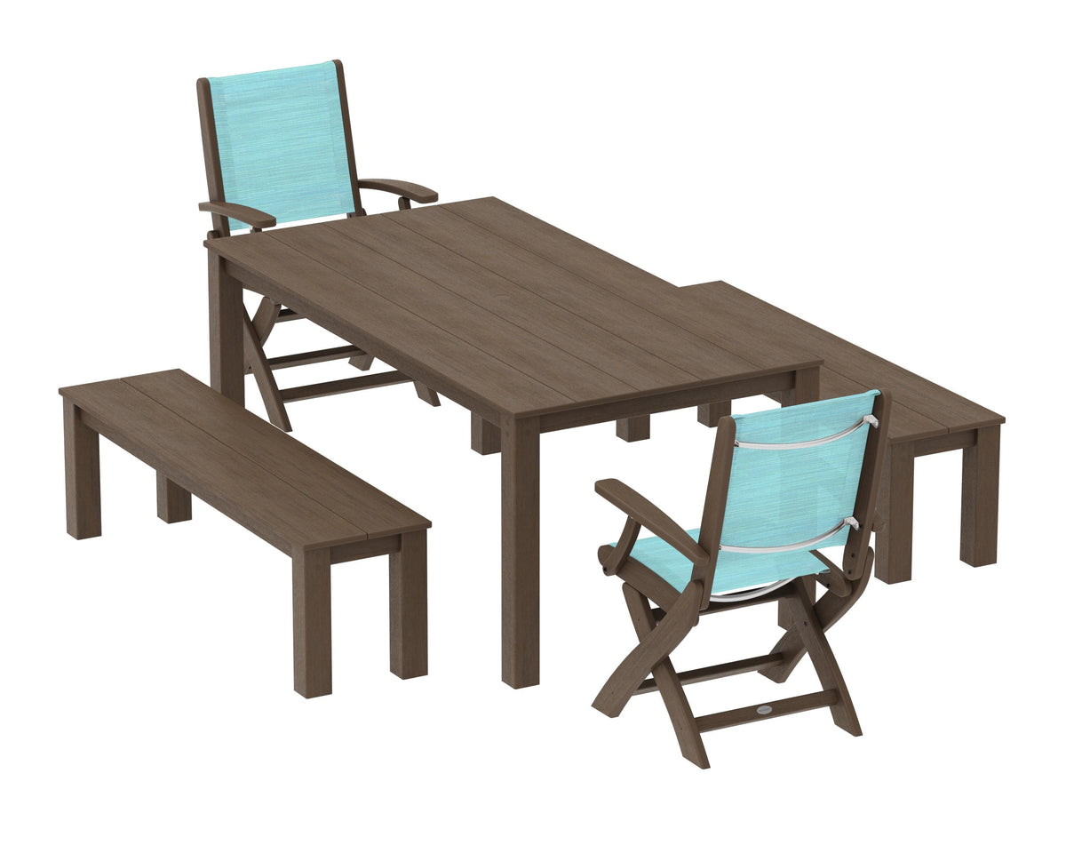 POLYWOOD Coastal Folding Chair 5-Piece Parsons Dining Set with Benches in Kona / Dupioni Aquamarine