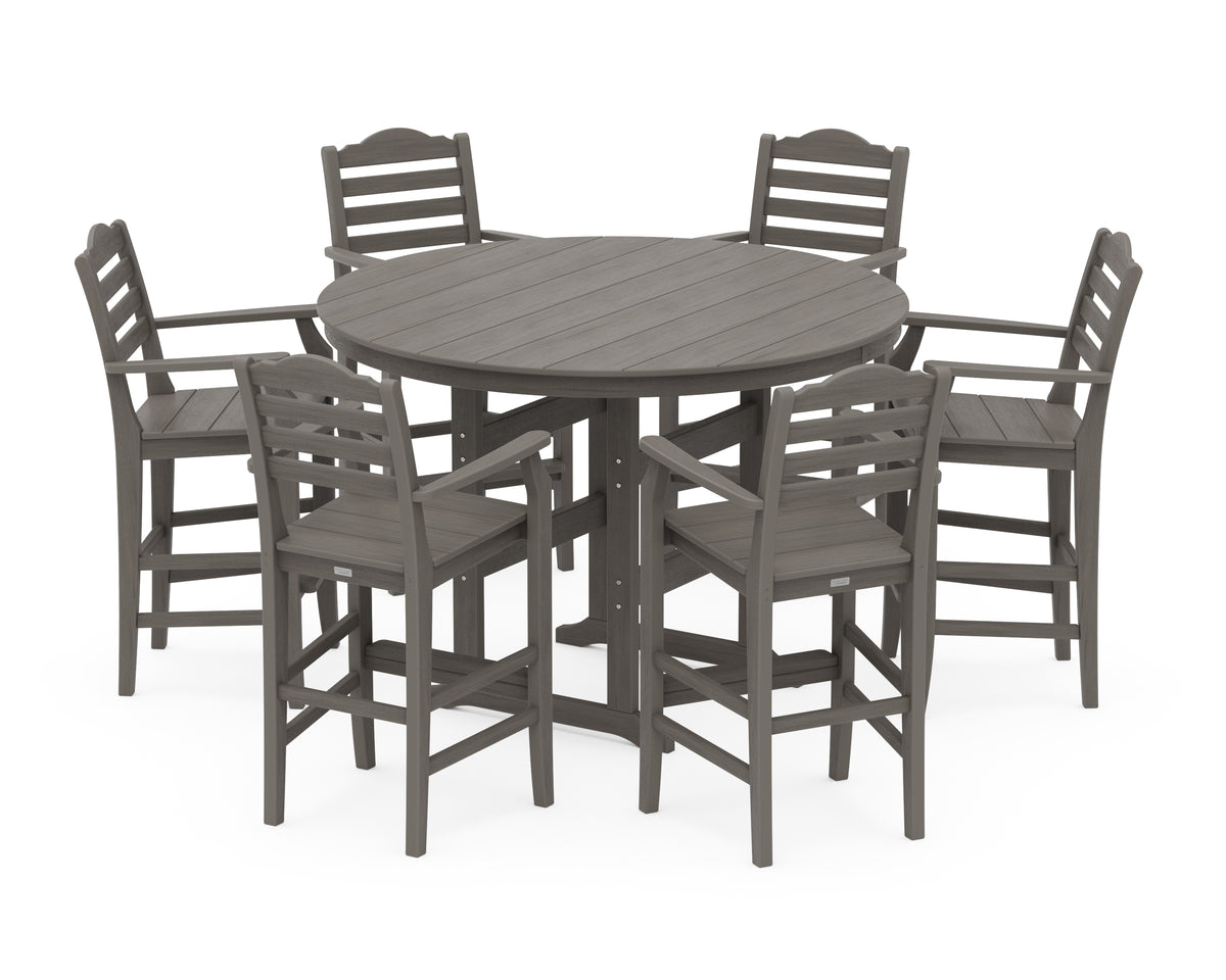 POLYWOOD Savannah 7-Piece Arm Chair Round Farmhouse Bar Set in Driftwood