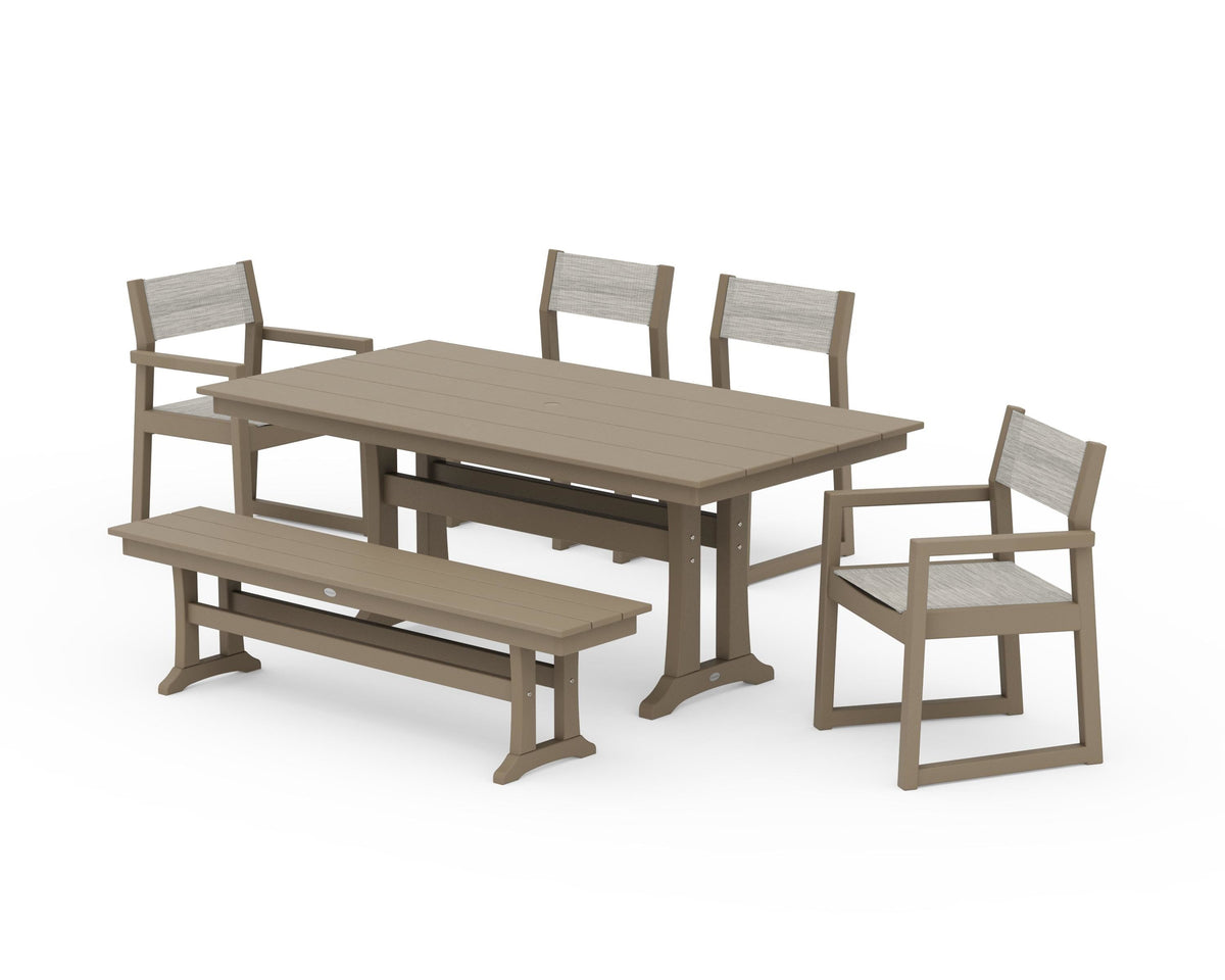 POLYWOOD EDGE Sling 6-Piece Farmhouse Dining Set With Trestle Legs in Vintage Sahara / Birch