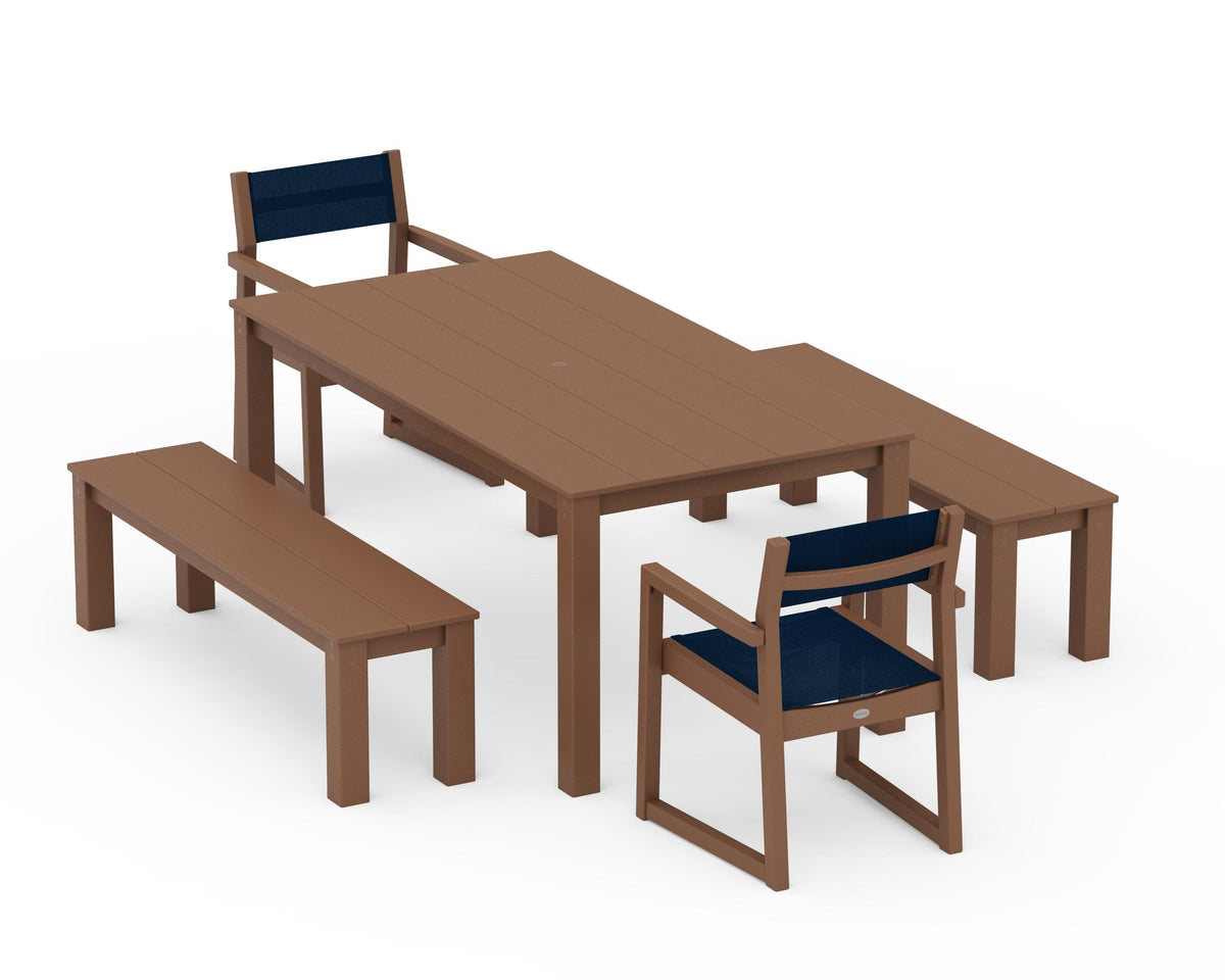 POLYWOOD EDGE Sling Arm Chair 5-Piece Parsons Dining Set with Benches in Teak / Navy Blue