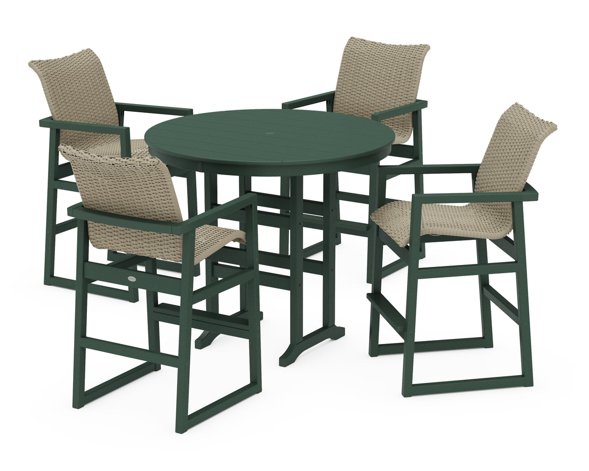 POLYWOOD EDGE Woven 5-Piece Round Farmhouse Bar Set in Green / Dune Grass