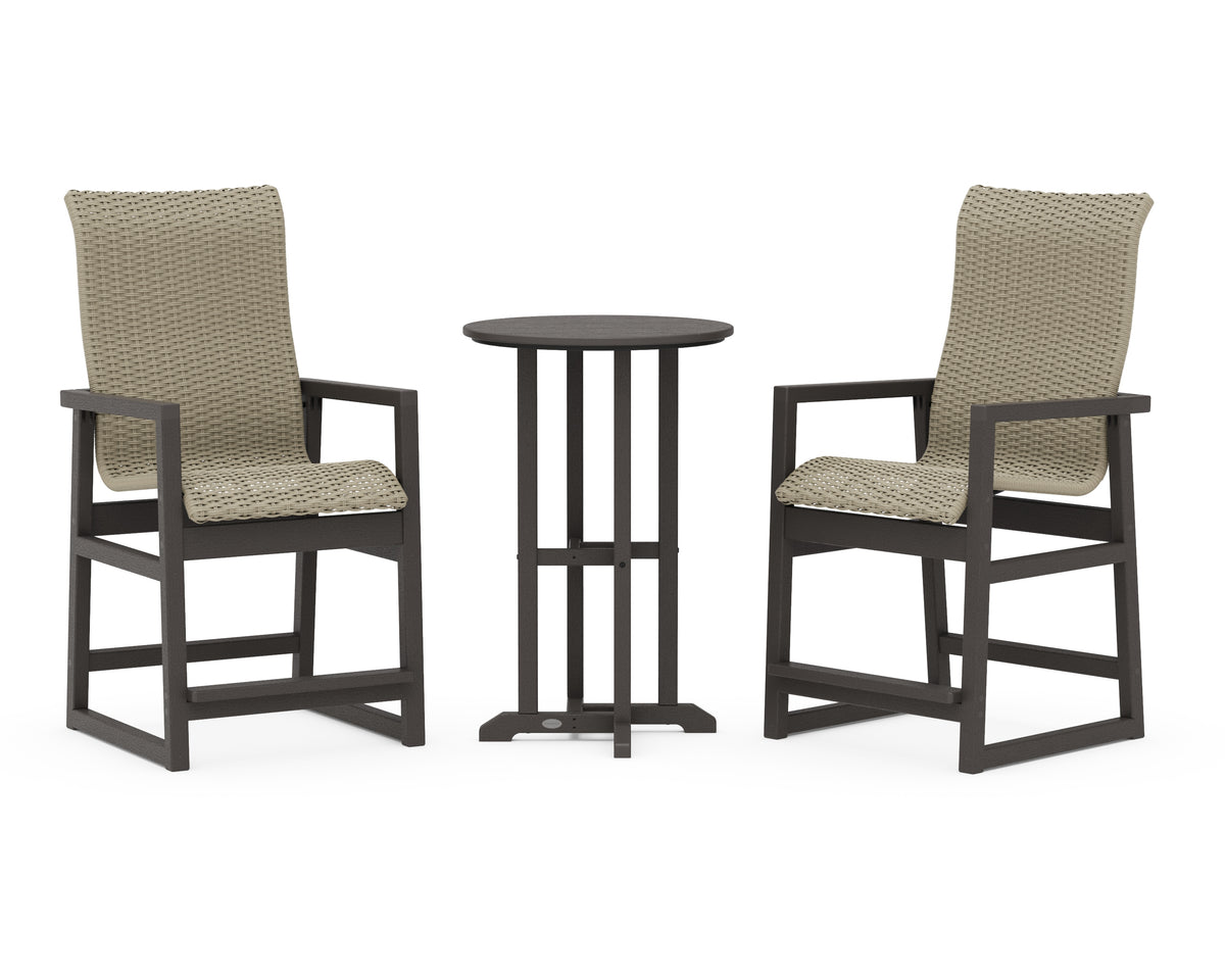 POLYWOOD EDGE Woven Highback 3-Piece Farmhouse Counter Set in Vintage Coffee / Dune Grass