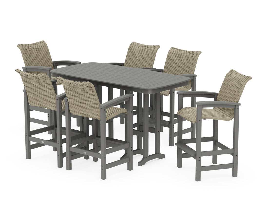 POLYWOOD Coastal Woven Arm Chair 7-Piece Bar Set in Slate Grey / Dune Grass