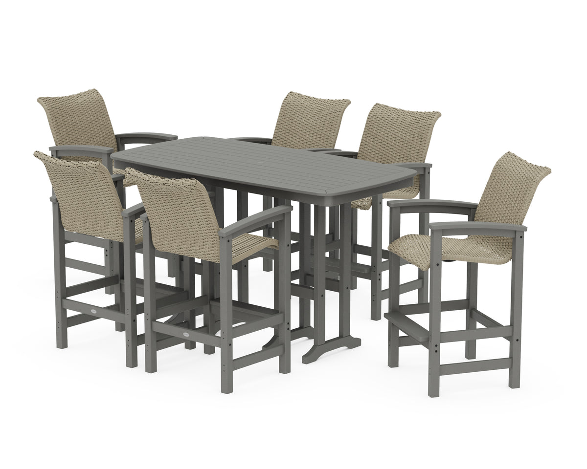 POLYWOOD Coastal Woven Arm Chair 7-Piece Bar Set in Slate Grey / Dune Grass