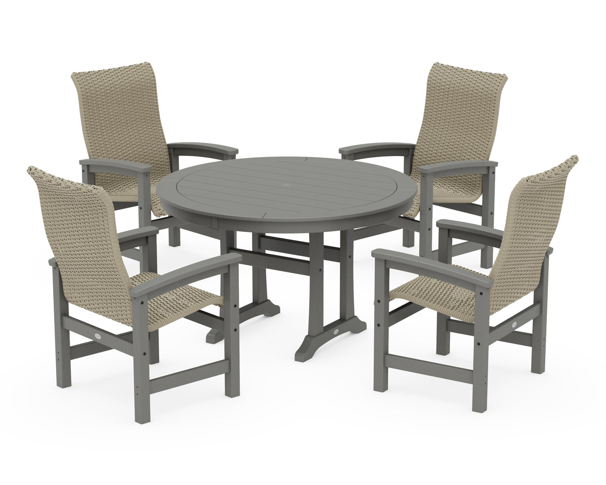 POLYWOOD Coastal Woven High-Back 5-Piece Round Dining Set with Trestle Legs in Slate Grey / Dune Grass