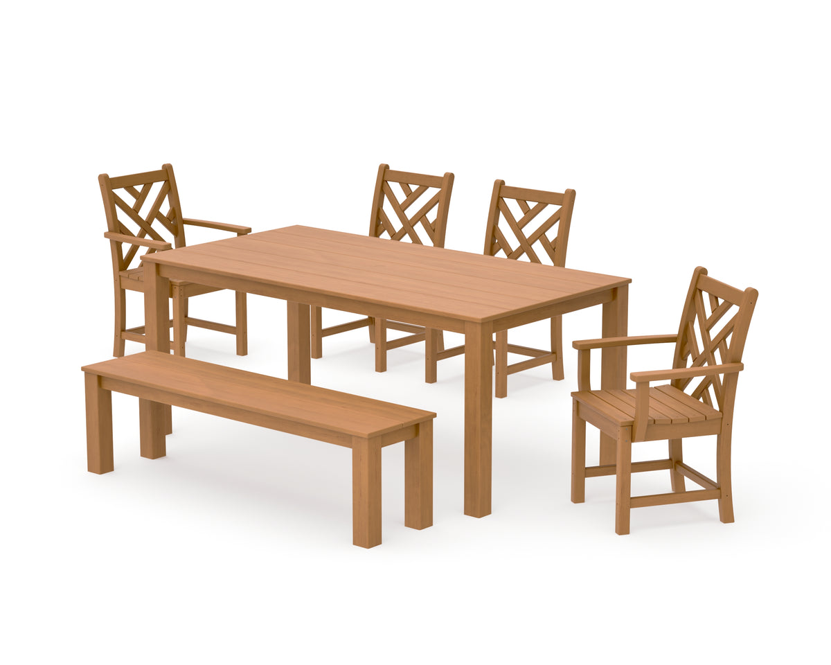 POLYWOOD Chippendale 6-Piece Parsons Dining Set with Bench with Chippendale Dining Side Chair in Natural