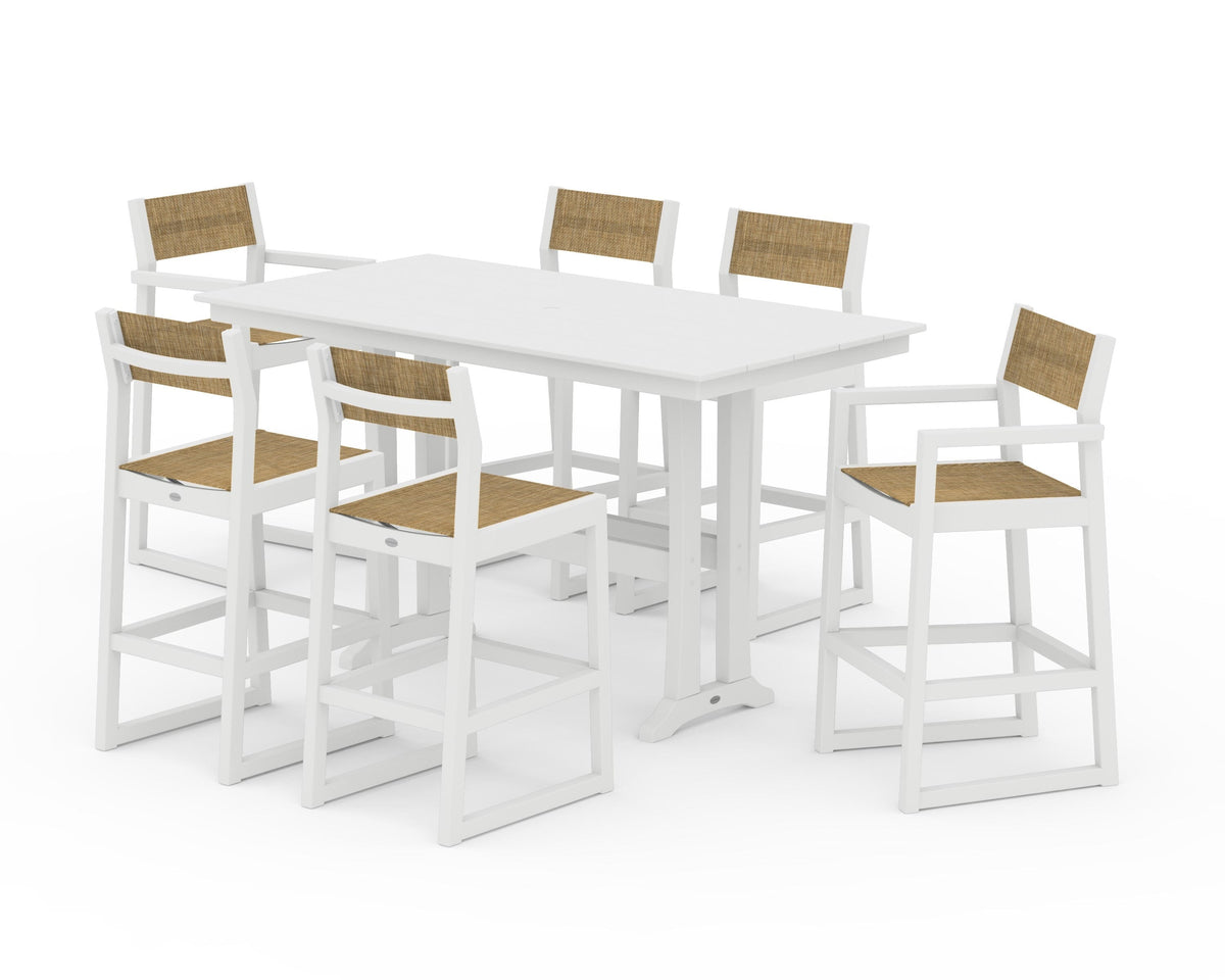 POLYWOOD EDGE Sling 7-Piece Farmhouse Bar Set with Trestle Legs in White / Burlap