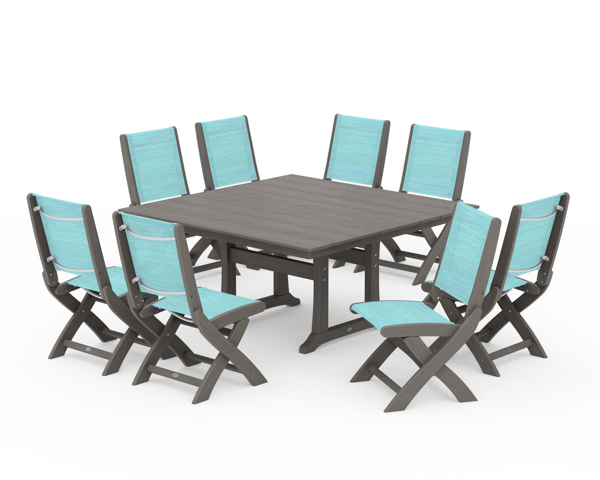 POLYWOOD Coastal Folding Side Chair 9-Piece Farmhouse Dining Set in Driftwood / Dupioni Aquamarine