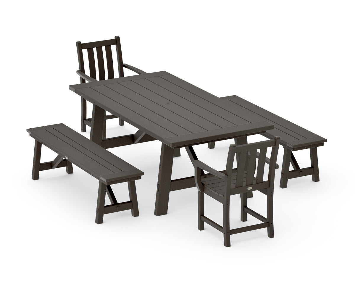 POLYWOOD Traditional Garden 5-Piece Rustic Farmhouse Dining Set with Benches in Vintage Coffee