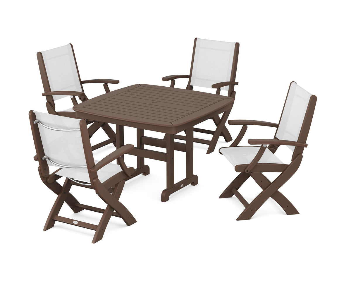 POLYWOOD Coastal Folding Chair 5-Piece Dining Set with Nautical 44" Dining Table in Mahogany / White