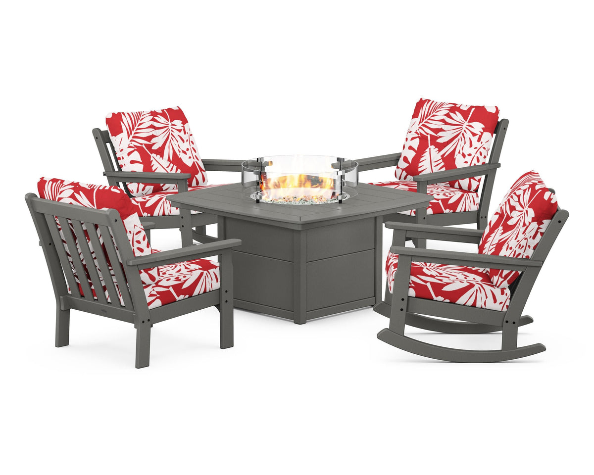 POLYWOOD Vineyard 5-Piece Deep Seating Rocking Chair Conversation Set with Fire Pit Table in Slate Grey / Leaf Crimson