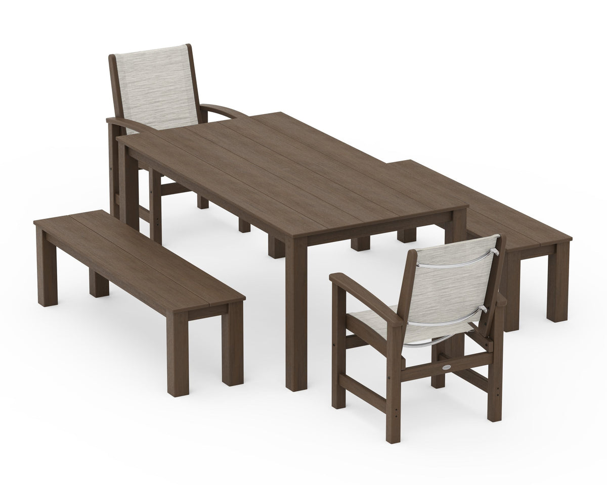 POLYWOOD Coastal 5-Piece Parsons Dining Set with Benches in Kona / Birch