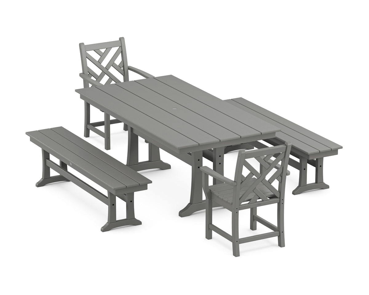 POLYWOOD Chippendale 5-Piece Farmhouse Dining Set with Trestle Legs in Slate Grey
