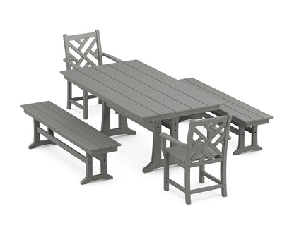 POLYWOOD Chippendale 5-Piece Farmhouse Dining Set with Trestle Legs in Slate Grey