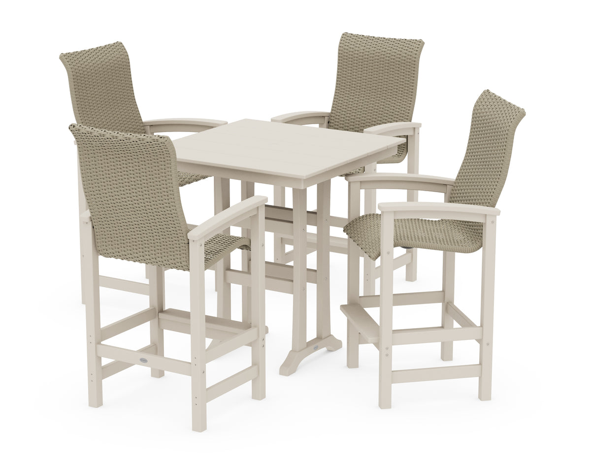 POLYWOOD Coastal Woven High-Back 5-Piece Farmhouse Bar Set with Trestle Legs in Sand / Dune Grass