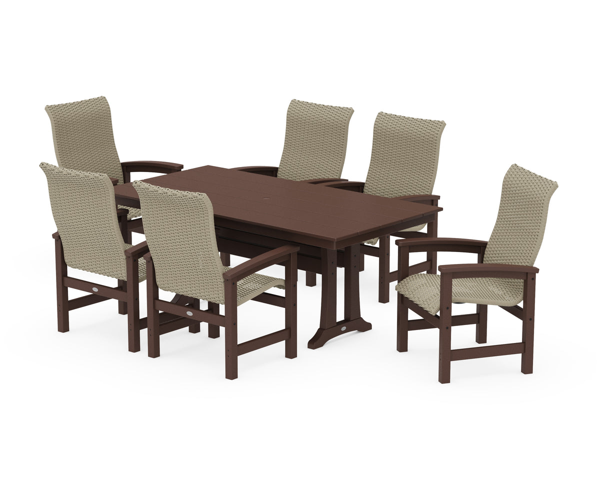 POLYWOOD Coastal Woven High-Back Arm Chair 7-Piece Farmhouse Dining Set with Trestle Legs in Mahogany / Dune Grass