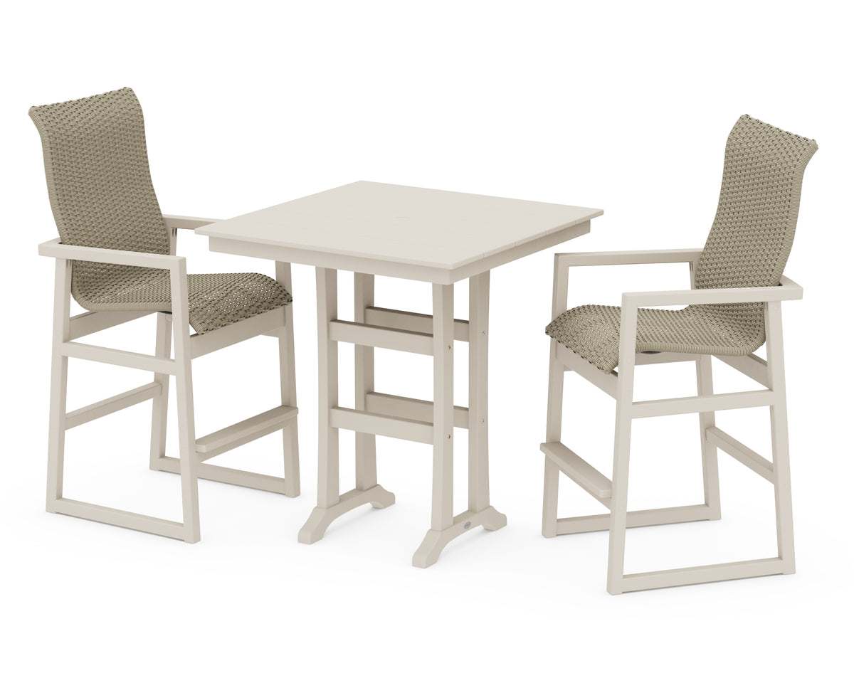 POLYWOOD EDGE Woven Highback 3-Piece Farmhouse Bar Set with Trestle Legs in Sand / Dune Grass
