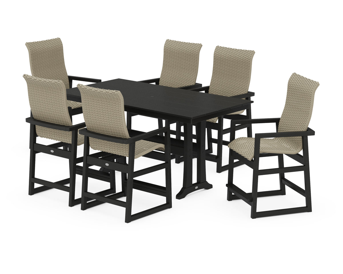 POLYWOOD EDGE Woven Highback Arm Chair 7-Piece Farmhouse Counter Set with Trestle Legs in Black / Dune Grass