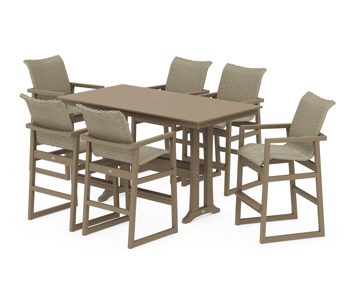POLYWOOD EDGE Woven Arm Chair 7-Piece Farmhouse Bar Set with Trestle Legs in Vintage Sahara / Dune Grass
