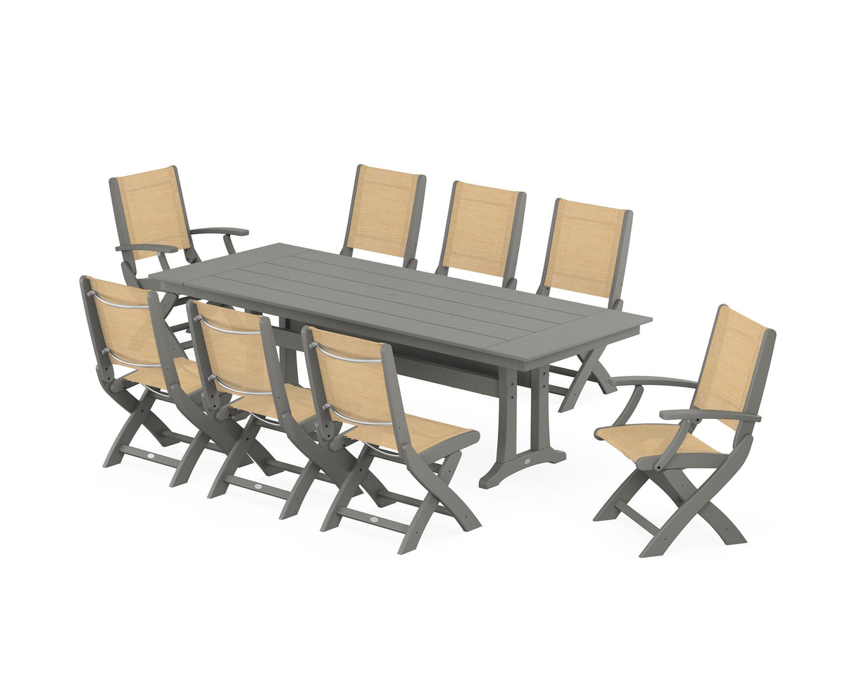 POLYWOOD Coastal 9-Piece Folding Dining Chair Farmhouse Dining Set with Trestle Legs in Slate Grey / Dupioni Apricot