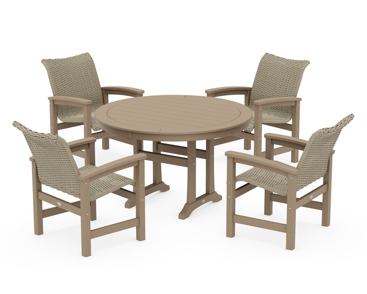 POLYWOOD Coastal Woven 5-Piece Round Dining Set with Trestle Legs in Vintage Sahara / Dune Grass